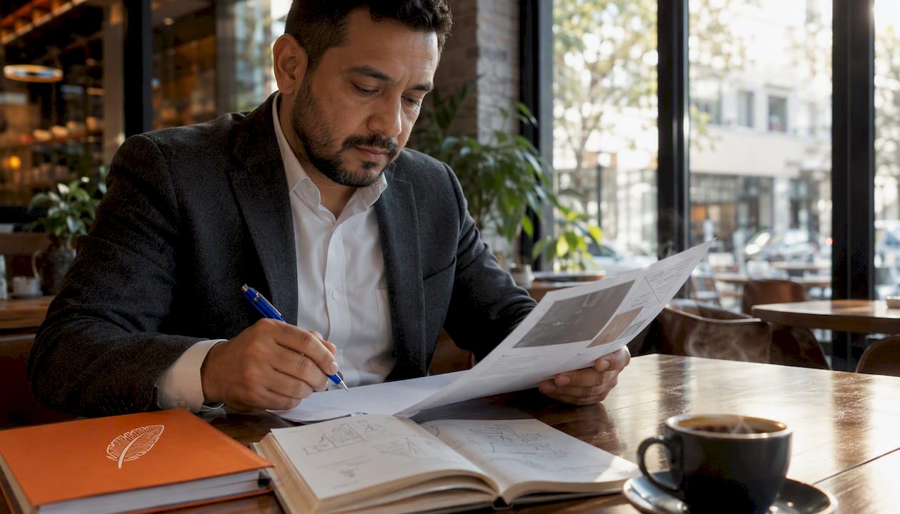 Senior brand manager reviewing portfolio in conference room