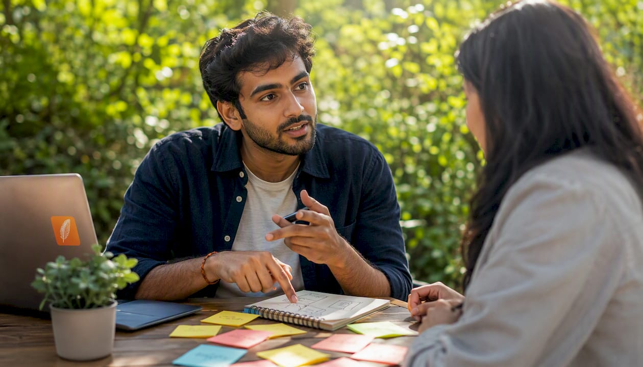Entry-level brand manager discussing project at desk