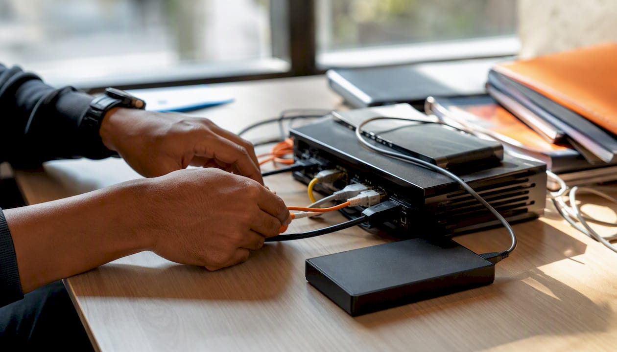 Hands connecting tech development tools cables
