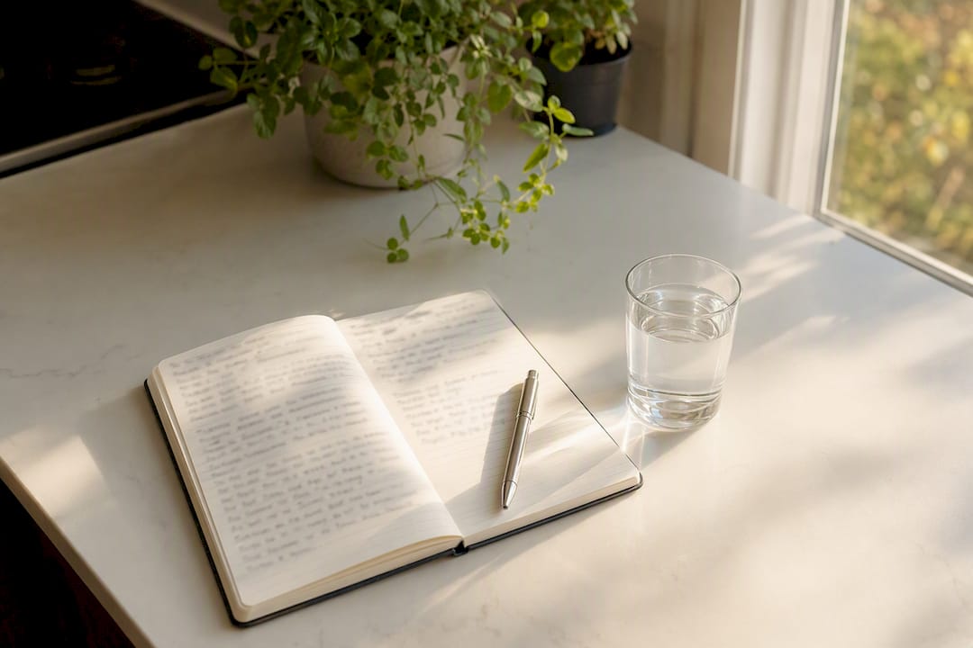 Minimalist desk with resume summary notes and pen