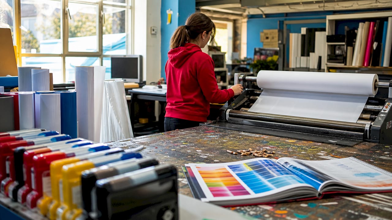 Overhead view of wide format print supplies and tools