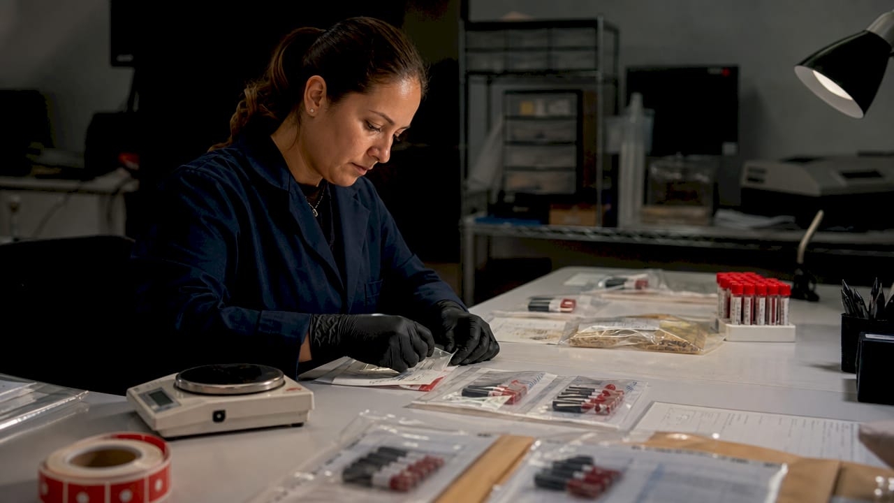 Forensic analyst handling DWI evidence bags