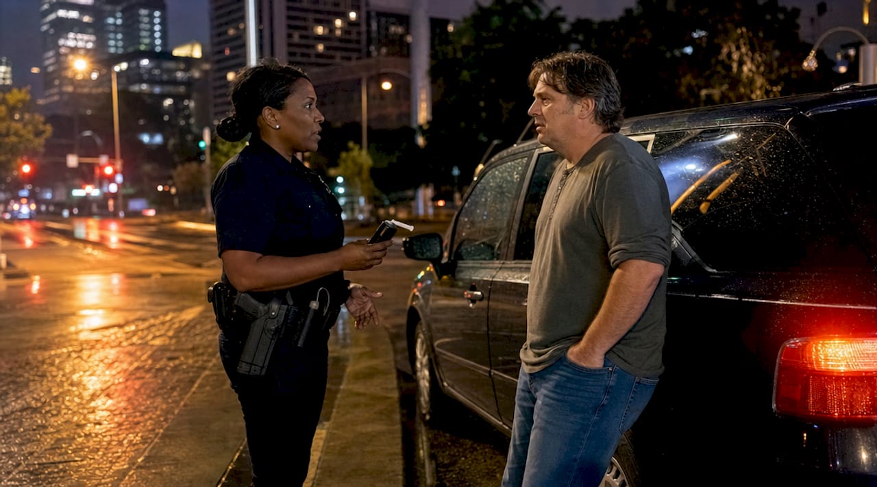Police officer administering breathalyzer roadside in Texas