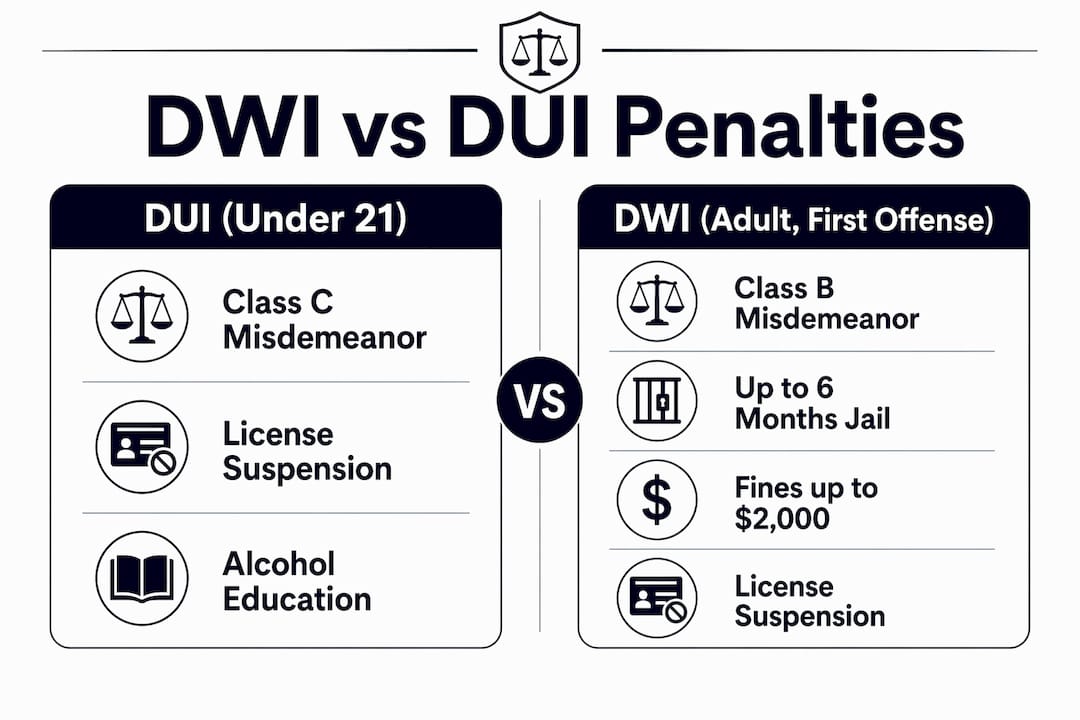 Infographic comparing DWI vs DUI penalties in Texas