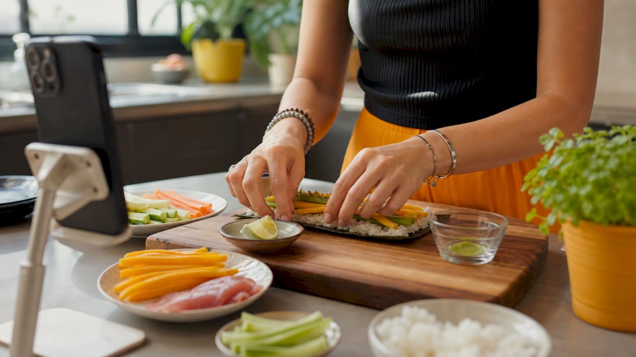 Close-up overhead hands preparing food for TikTok video