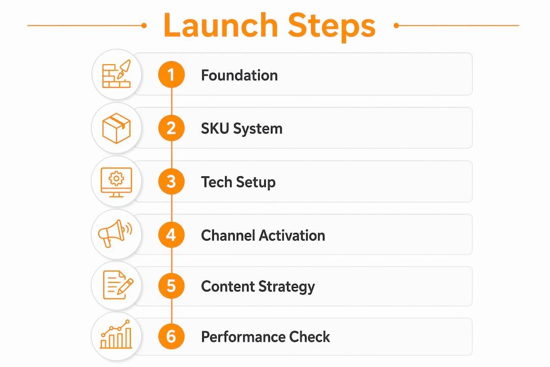 Infographic illustrating multi-channel brand launch steps