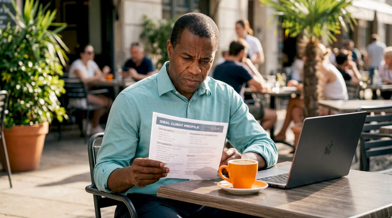 Hands reviewing consulting client profile document