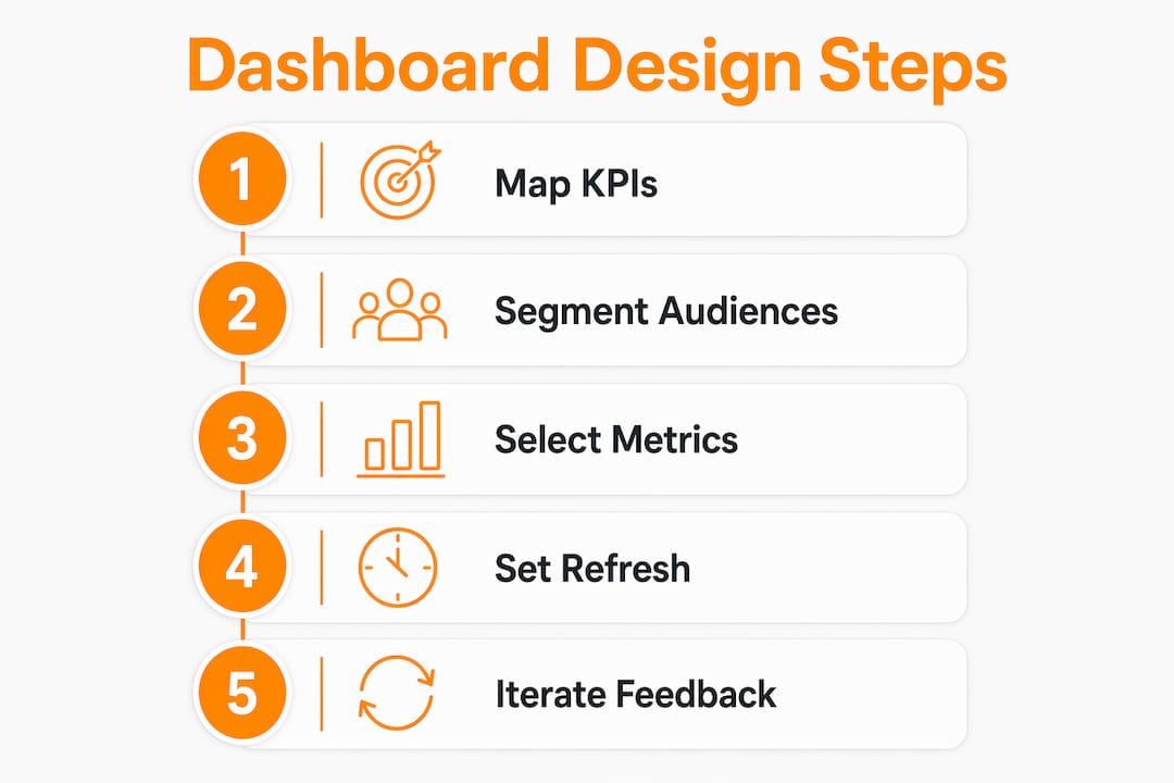 Infographic illustrating marketing dashboard design steps