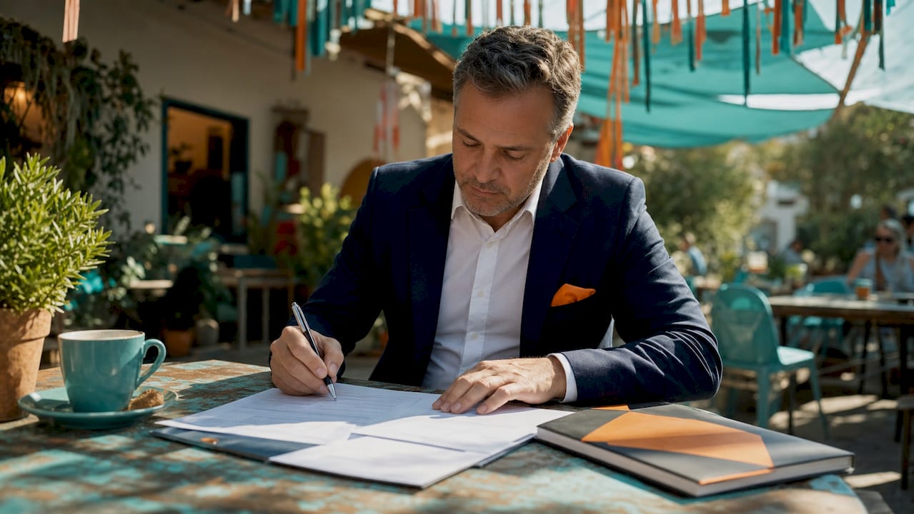 Hands signing vendor compliance agreement document