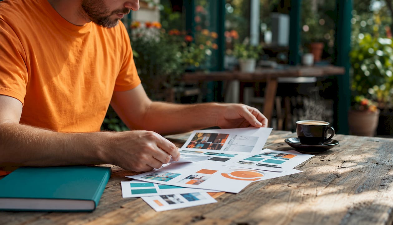 Hands arranging email ad test samples on desk