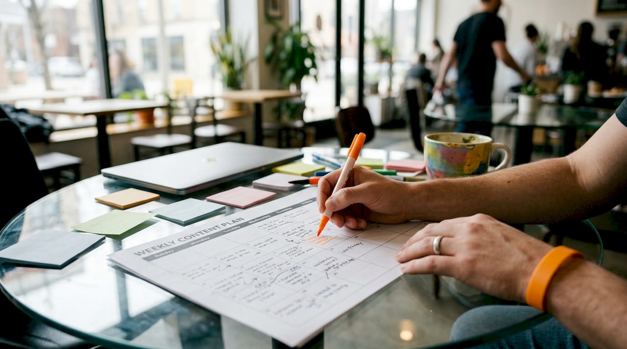 Hands planning LinkedIn content calendar