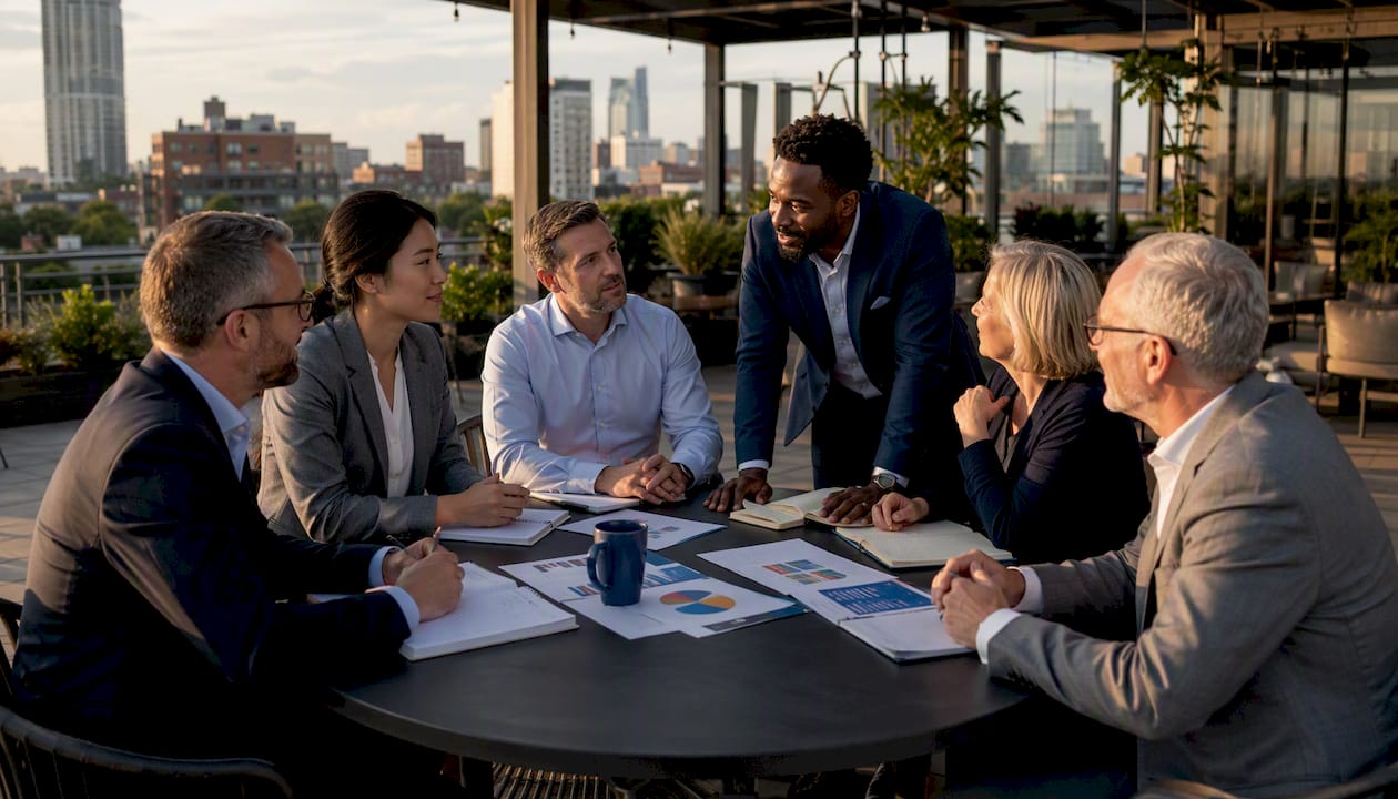 Corporate boardroom with diverse directors meeting