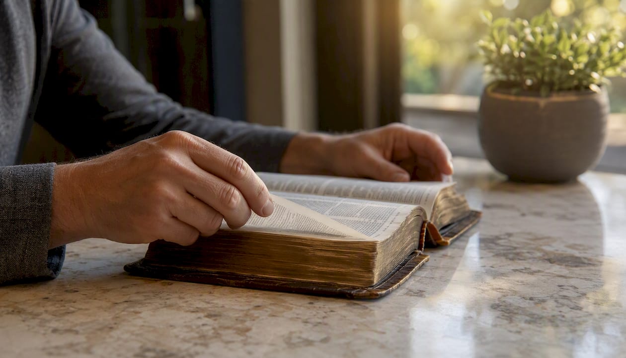 Hands holding an open leather Bible with candle light
