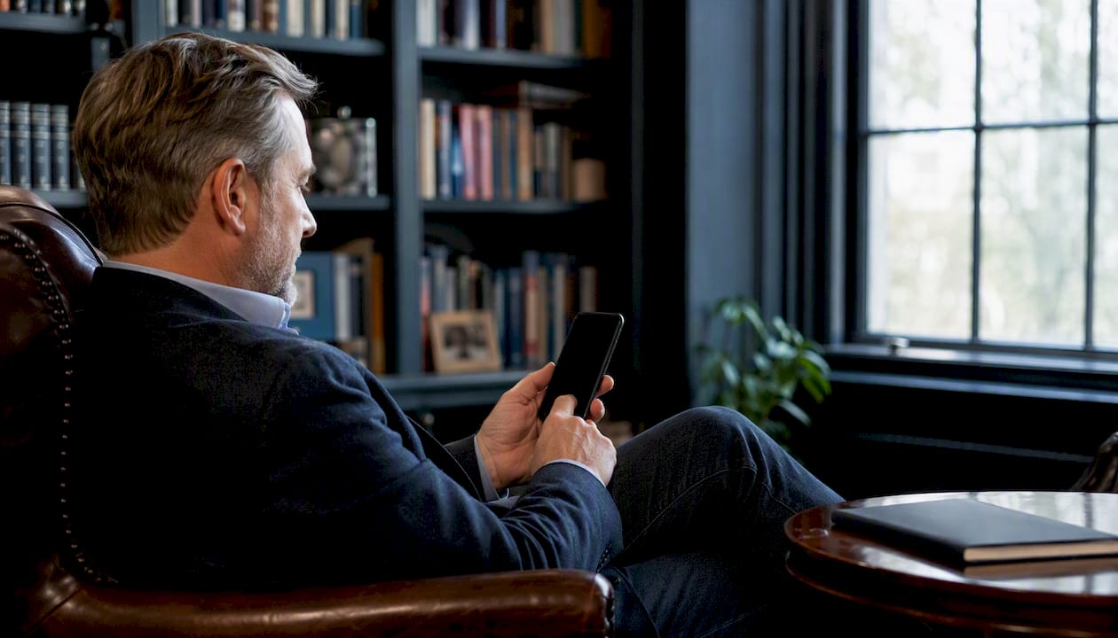Man holding smartphone sending follow-up message