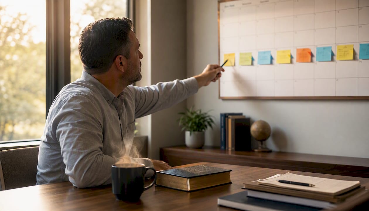Hand pointing at roadmap milestones on calendar