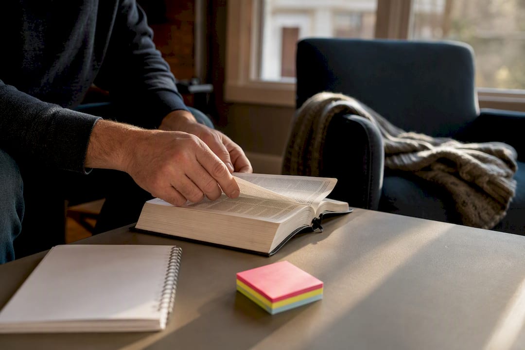 Hands preparing onboarding notes with Bible