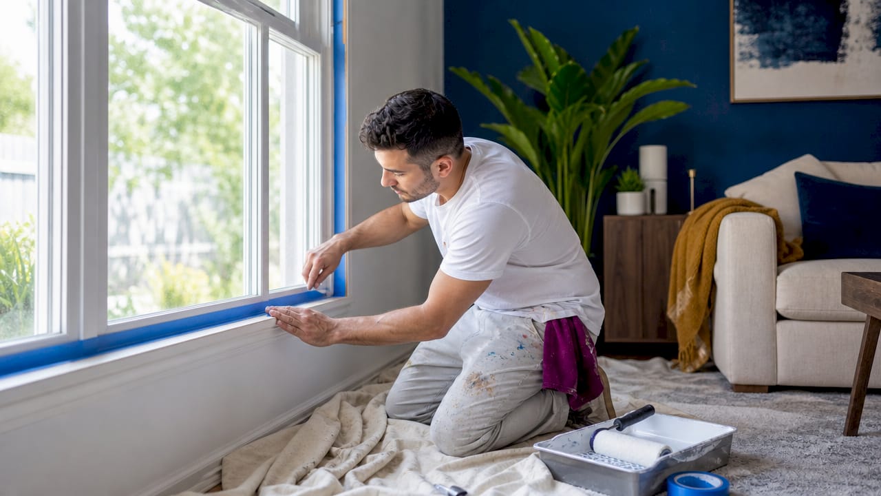 Man taping walls for painting preparation