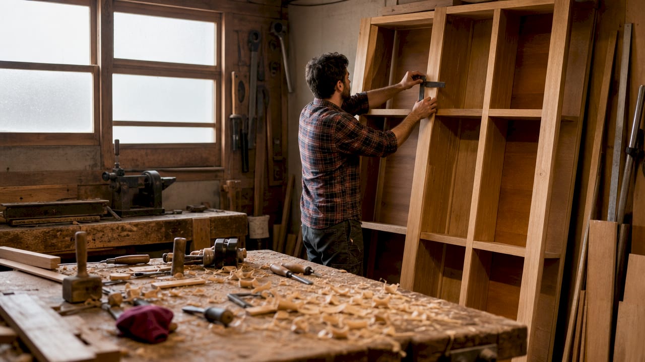 Carpenter assembling dual wardrobe unit