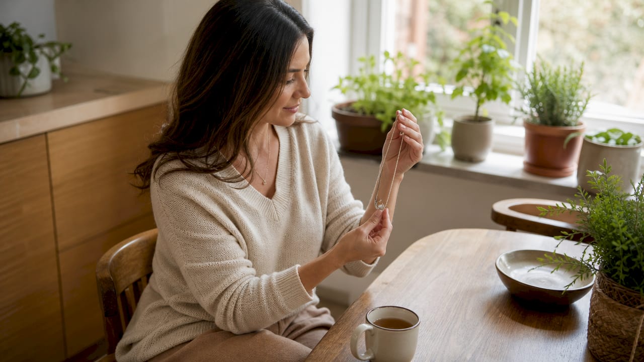 Woman holding silver pendant in cozy room