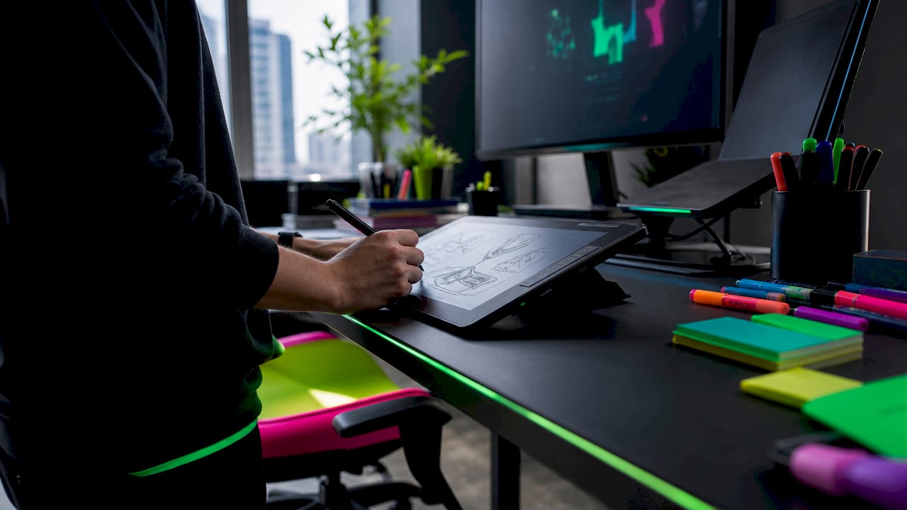 Close-up of designer working with tablet and notes