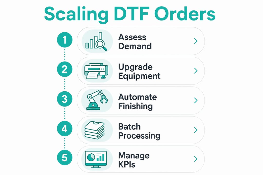 Infographic illustrating steps to scale DTF orders