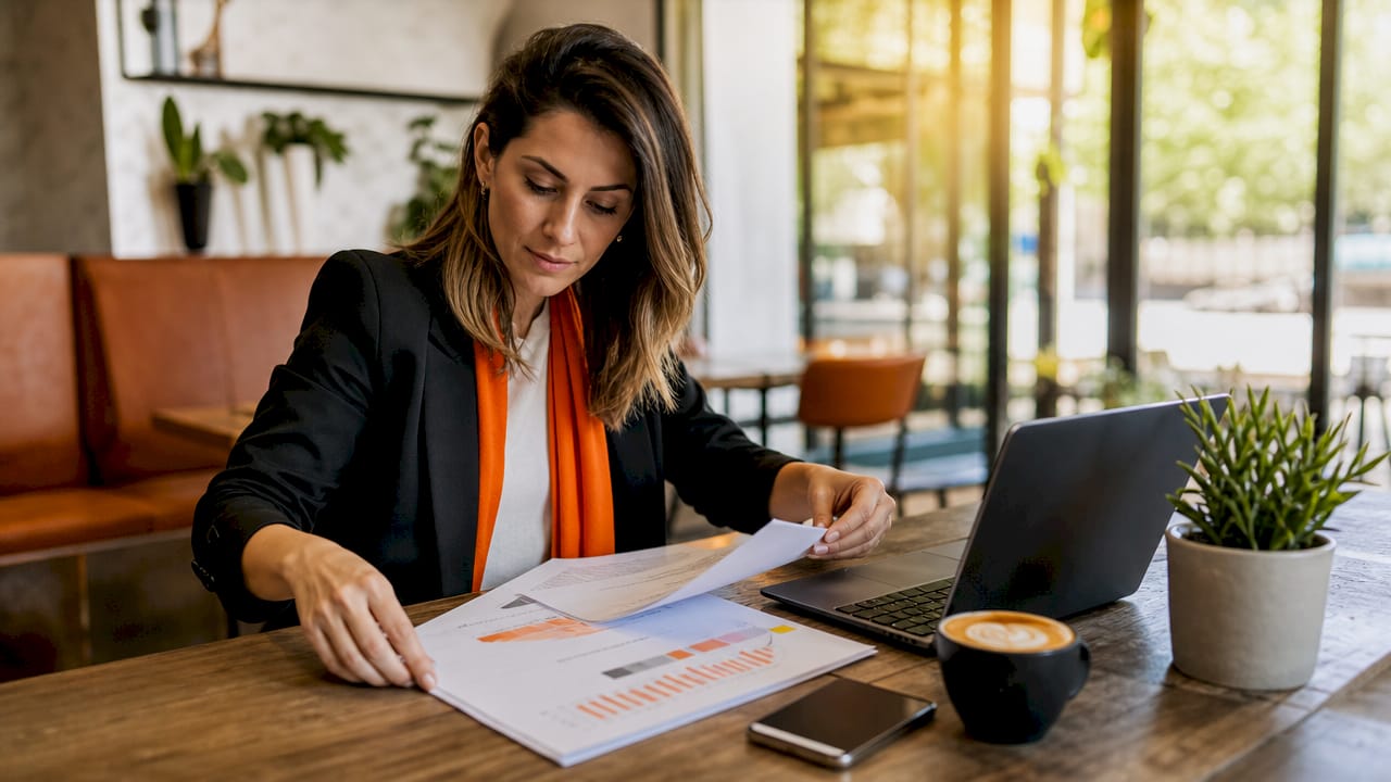 Project manager organizing automated reports at desk