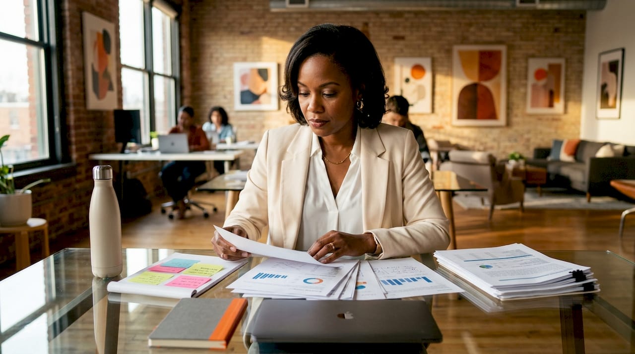 Businesswoman reviewing analytics documents at table