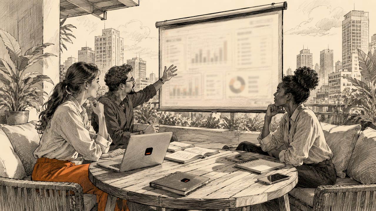 Team discussing live dashboard data