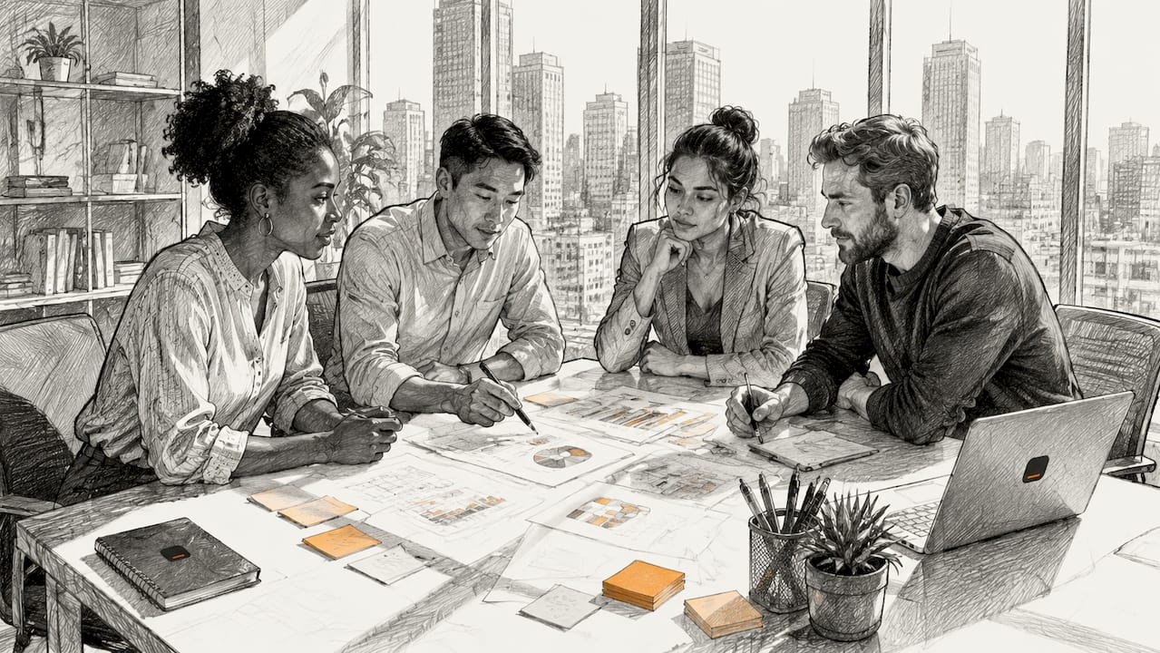 Business team discussing conversational analytics data