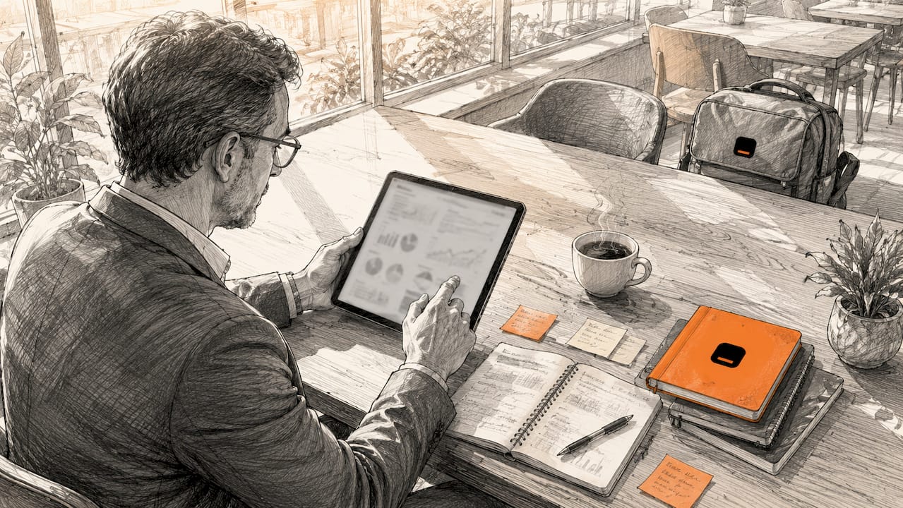 Business analyst reviewing BI data on tablet