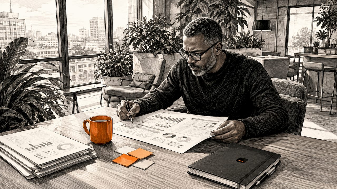 Business analyst reviewing printed data reports