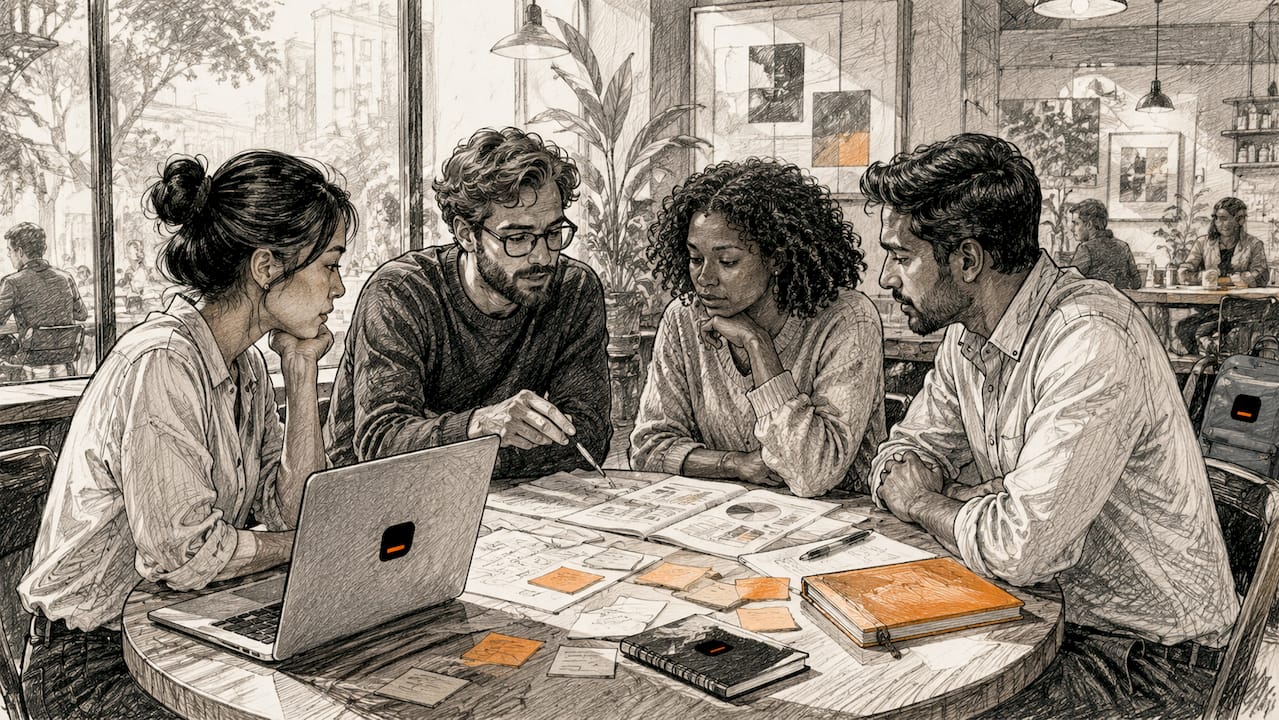 Team collaborating on AI data analysis in office