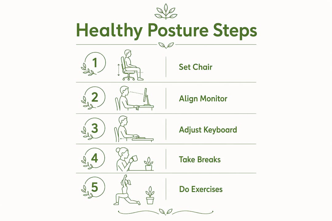 Infographic illustrating steps for healthy posture habits