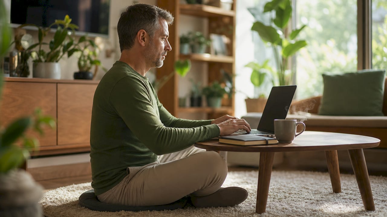 Man maintaining neutral sitting posture while typing