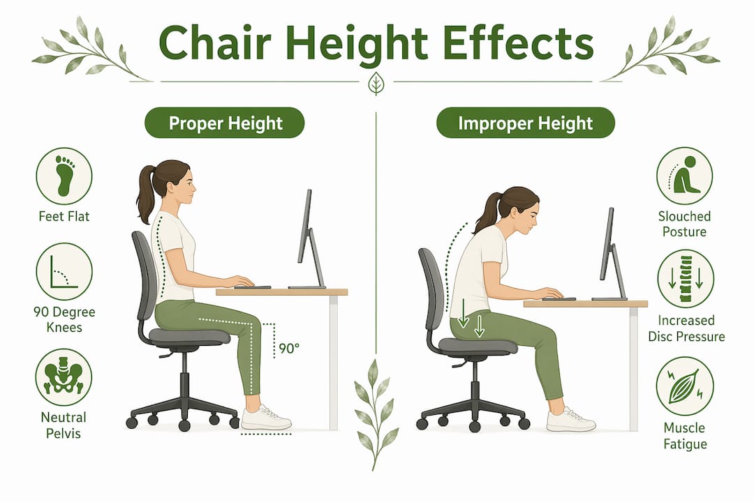 Infographic comparing proper and improper chair height effects