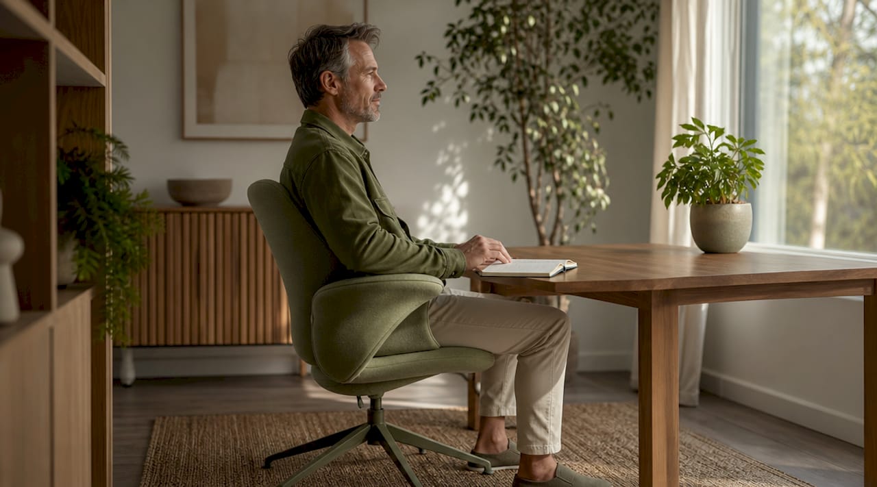 Man sitting with correct pelvic and spinal alignment