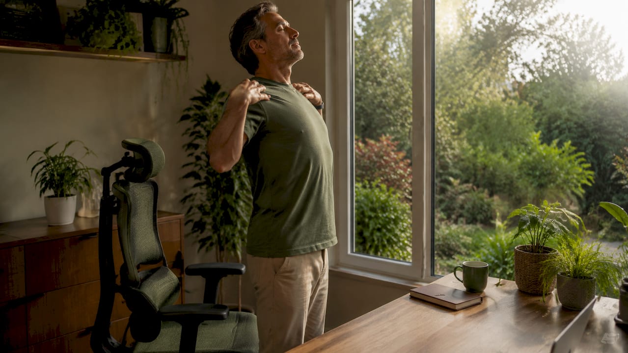 Man stretching shoulders during work break