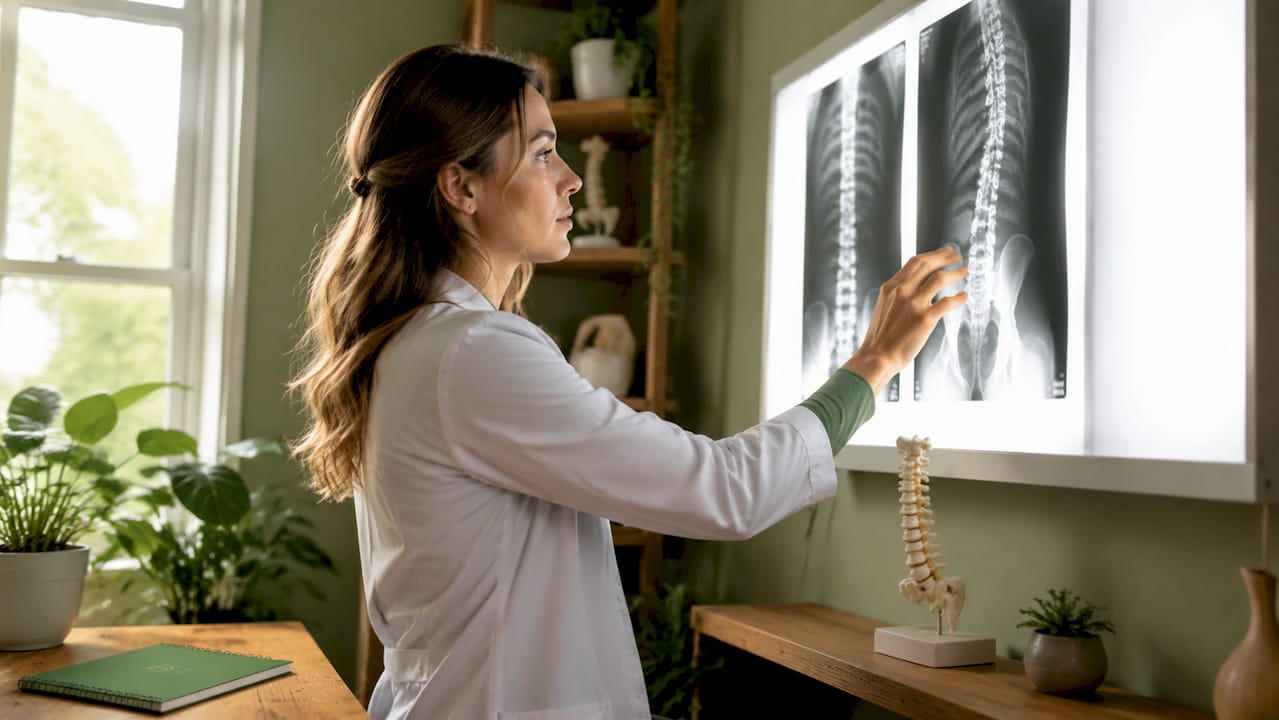 Therapist reviewing lumbar spine X-ray images