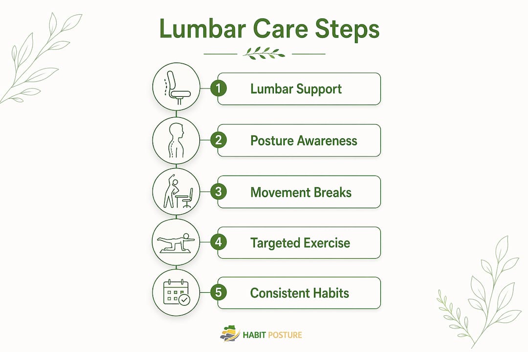 Infographic showing steps to maintain lumbar curve health