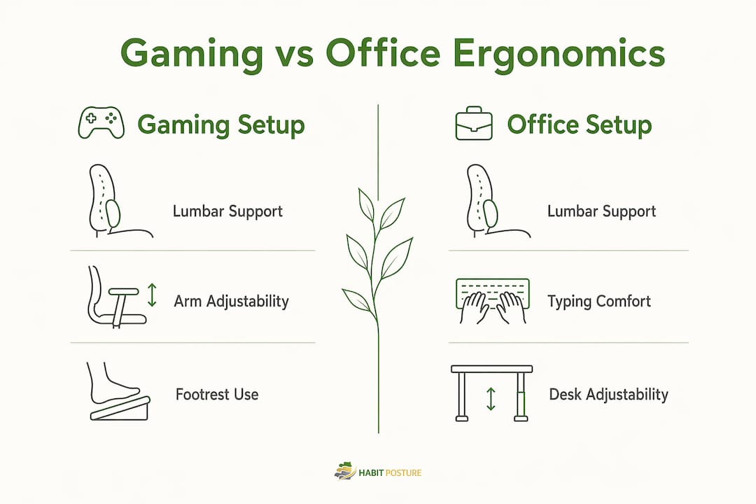 Infographic comparing gaming and office ergonomic priorities