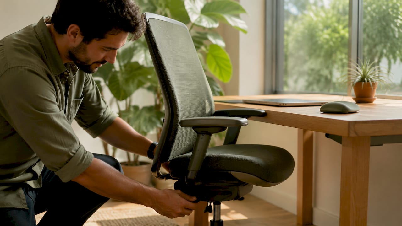 Hands adjusting ergonomic office chair height