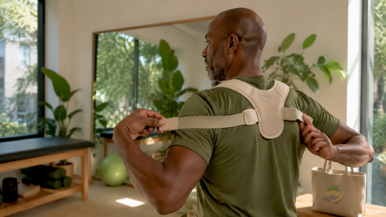 Man adjusting shoulder brace in therapy studio