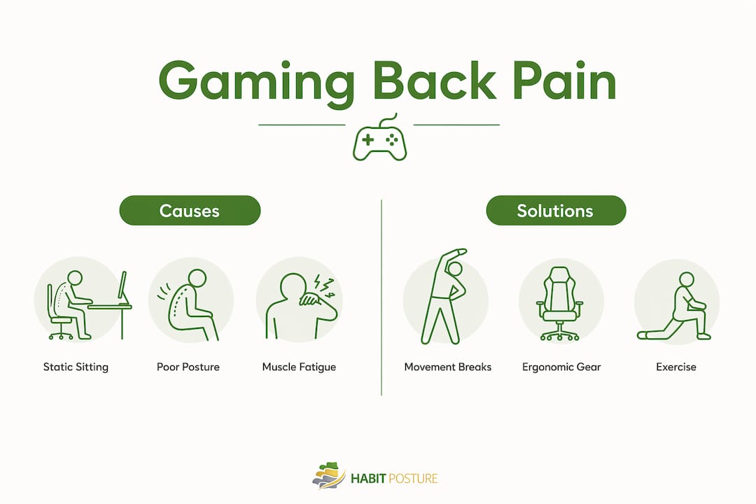Infographic comparing causes and solutions for gaming back pain