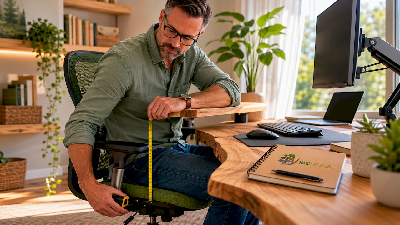 Man checking ergonomic desk height alignment