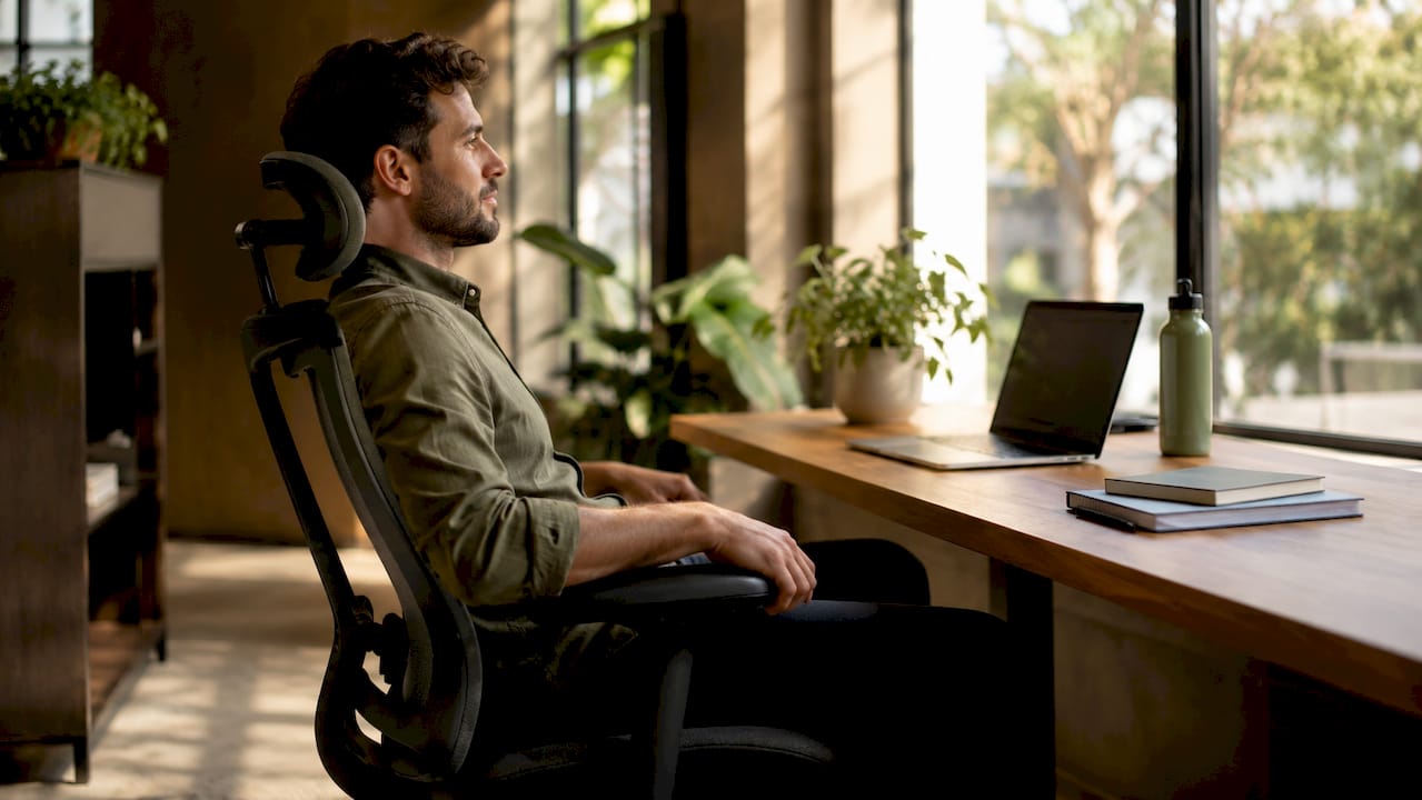 Close-up of hands on adjustable office chair armrests