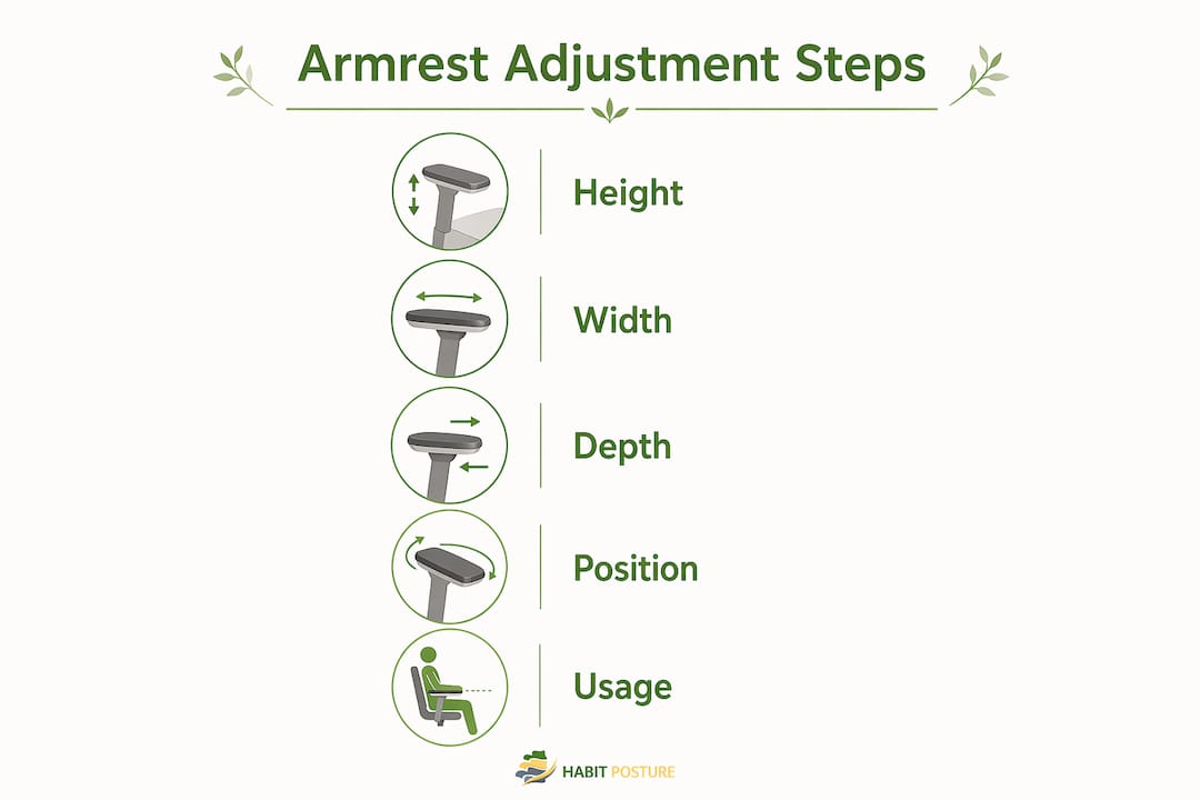 Infographic illustrating steps for correct armrest adjustment