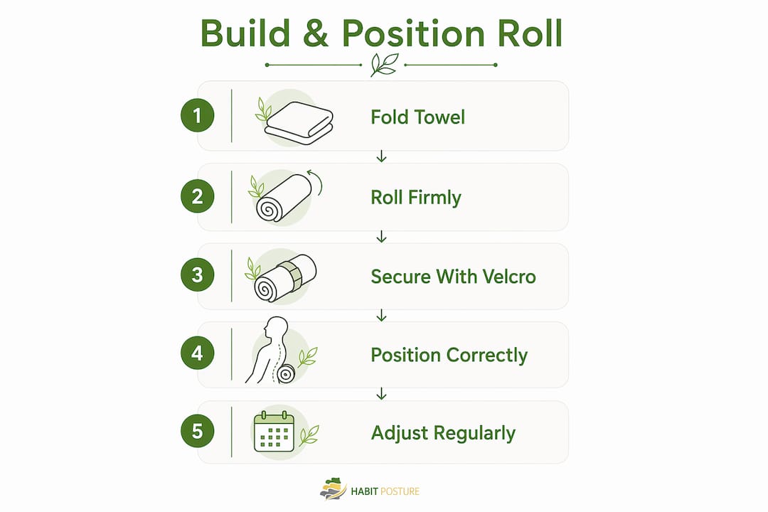 Infographic illustrating steps to build and position DIY lumbar support