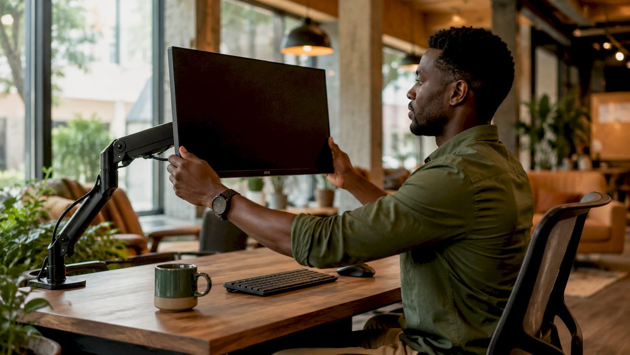Hands adjusting monitor at ergonomic workstation
