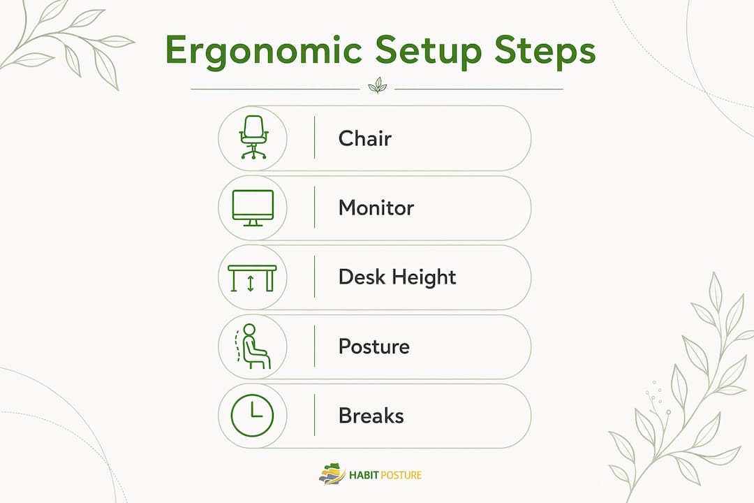 Infographic illustrating ergonomic setup steps in open offices