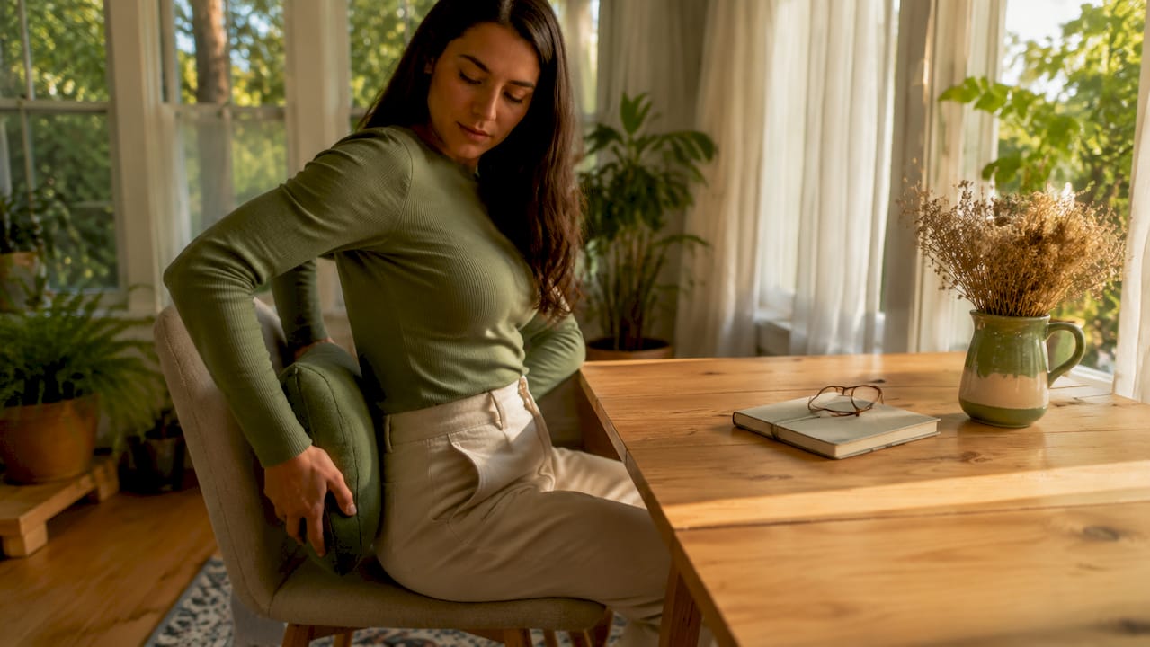 Side view woman adjusting lumbar pillow at desk